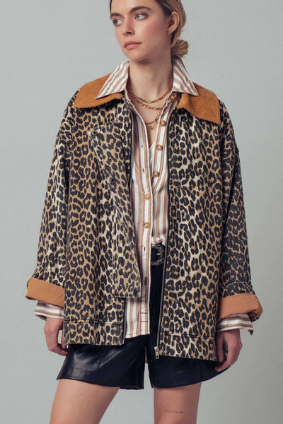 Corduroy Collar Leopard Print Jacket: LEOPARD