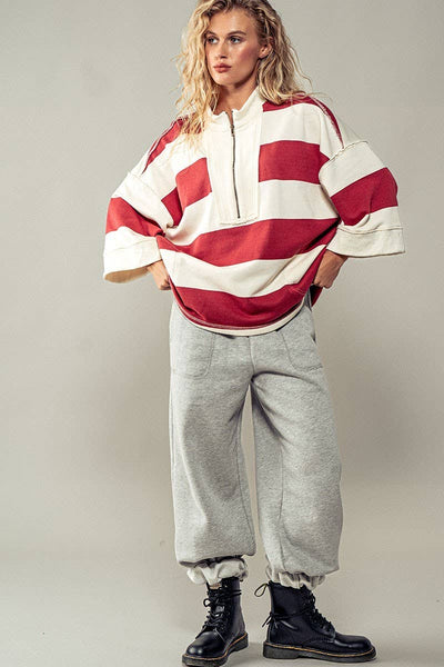 Oversized Half Zip Bold Stripe Statement Pullover Sweatshirt: CREAM BURGUNDY