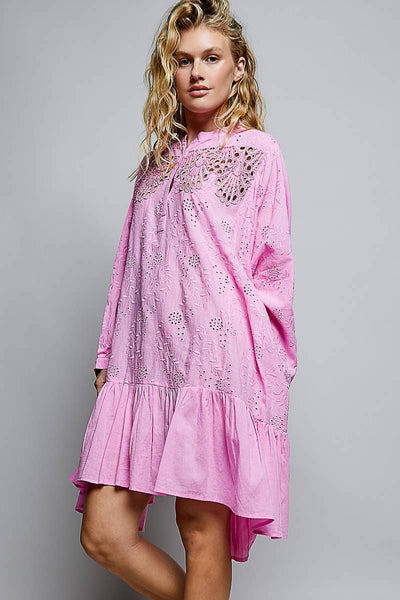 Half Button Embroidery Cotton Rommy Fit Dress: Pink