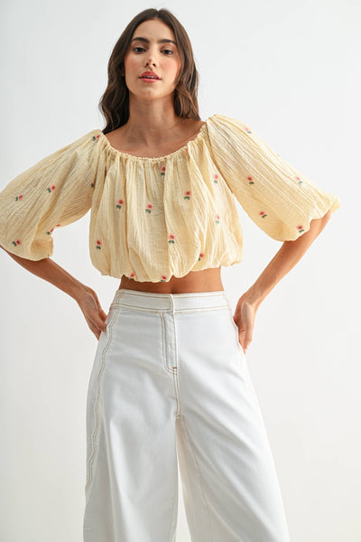 CJT27076 Off-Shoulder Floral Embroidered Blouse: LT.YELLOW / S-M-L (3-2-1)