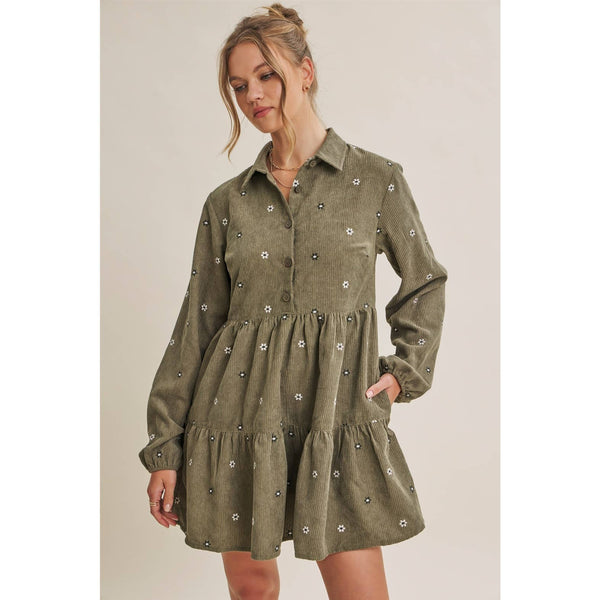 MEADOW MARKET ARTISAN DAISY EMBROIDERED CORDUROY MINI DRESS: OLIVE