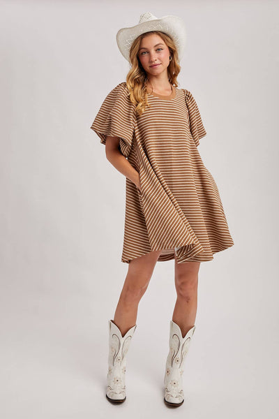 PUFF SLEEVES BILLOWY SILHOUETTE STRIPED DRESS: LATTE