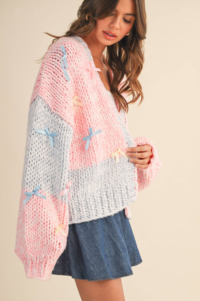 COLORBLOCK RIBBON DETAILED CHUNKY CARDIGAN: Pink