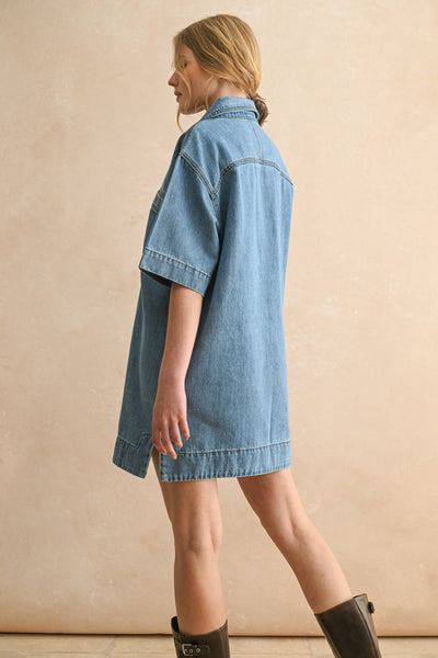 SUEDE LACE UP DENIM SHIRT DRESS: DENIM