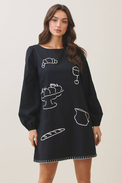 Embroidered cotton mini dress: Black