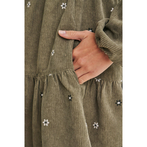 MEADOW MARKET ARTISAN DAISY EMBROIDERED CORDUROY MINI DRESS: OLIVE