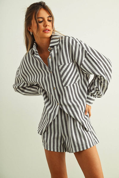 STRIPED BUTTON DOWN LINEN SHIRTS: BLACK