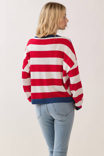 CW2647-American Flag Pattern Knit Pullover Sweater: Red / S