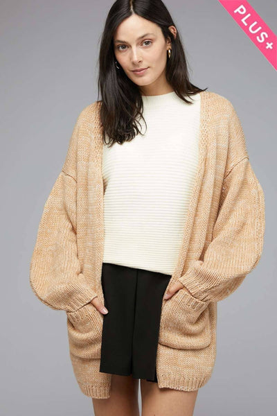 PLUS KNIT LONG SLEEVE CARDIGAN: Light Tan