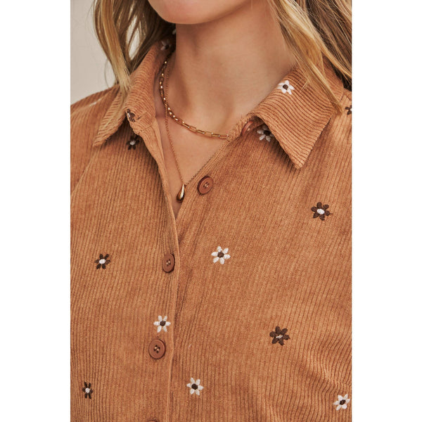 MEADOW MARKET ARTISAN DAISY EMBROIDERED CORDUROY MINI DRESS: OLIVE