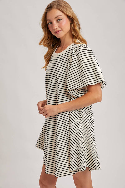 PUFF SLEEVES BILLOWY SILHOUETTE STRIPED DRESS: IVORY