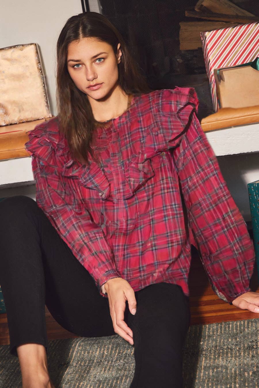 Plaid Button Front Blouse: Red Plaid