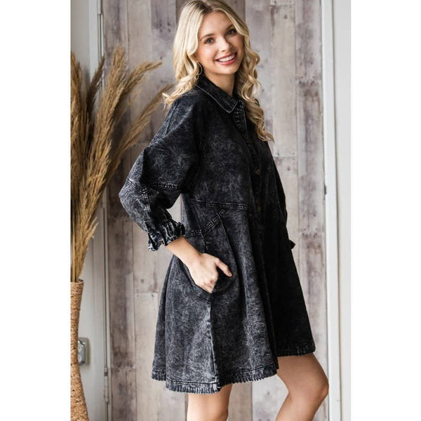 Overfit Button Down Denim Shirt Dress: Black