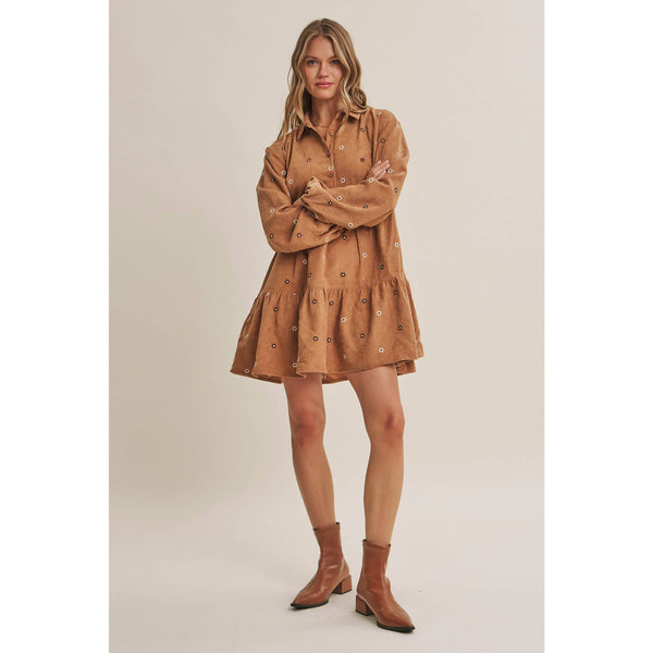 MEADOW MARKET ARTISAN DAISY EMBROIDERED CORDUROY MINI DRESS: OLIVE