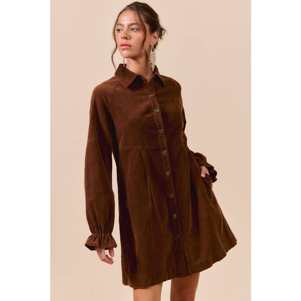 WASHED CORDUROY BUTTON DOWN SHIRT MINI DRESS: BROWN