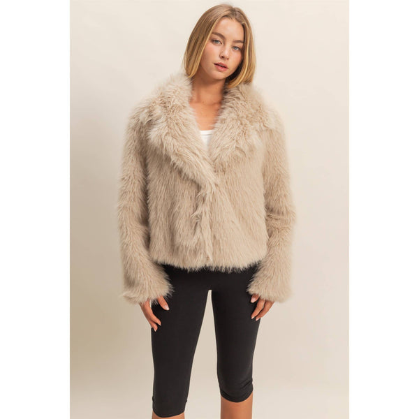 Shawl Collar Faux Fur Jacket: BLACK