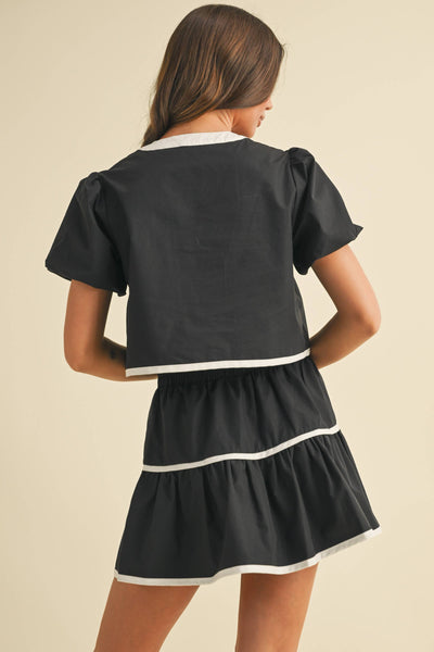 CONTRAST TIE TOP AND TIERED MINI SKIRT SET: BLACK/WHITE