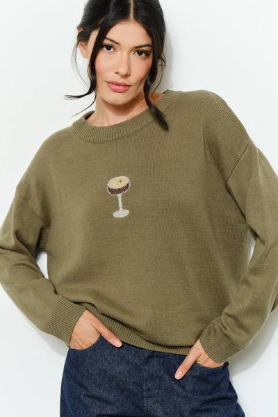 PERRI MARTINI BEADED SWEATER - Cozy, Oversized: Olive