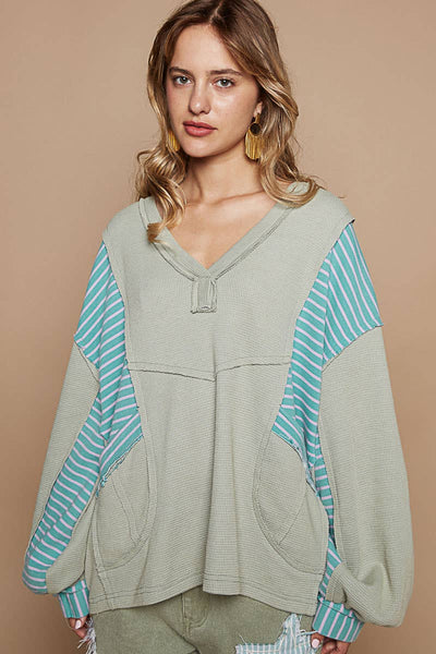 Oversized V Neck Bubble Sleeve knit Top SALE: OLIVE MULTI / M