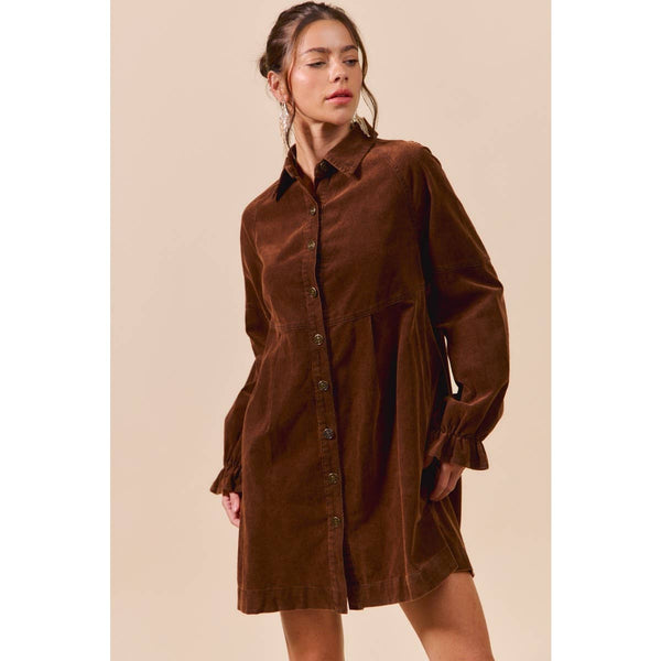 WASHED CORDUROY BUTTON DOWN SHIRT MINI DRESS: BROWN