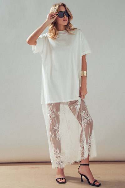 Mixed-Media T-Shirt Dress with Sheer Lace Skirt: White