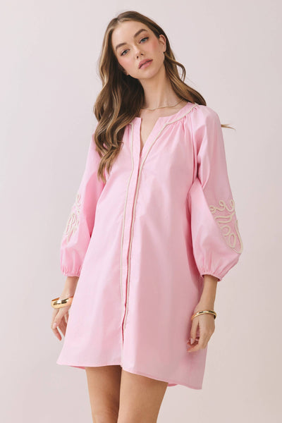 Embroidered Sleeve Baby Doll Button Down Mini Dress: BABY PINK