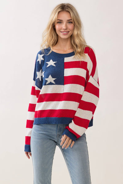 CW2647-American Flag Pattern Knit Pullover Sweater: Red / L