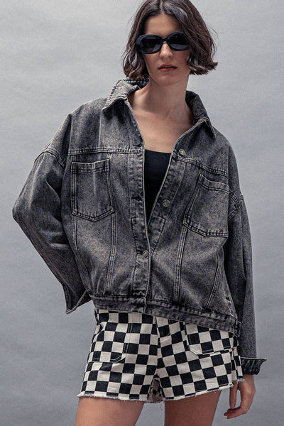 Oversized Button Up Pleated Back Western Jacket: Black
