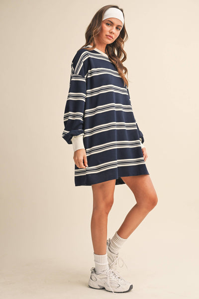 STRIPED LOVE SLEEVE OVERSIZED SWEATSHIRT DRESS: NAVY