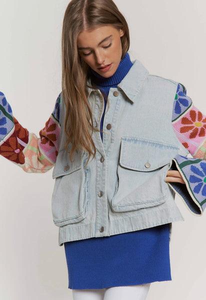 Flower sleeve jean jacket
