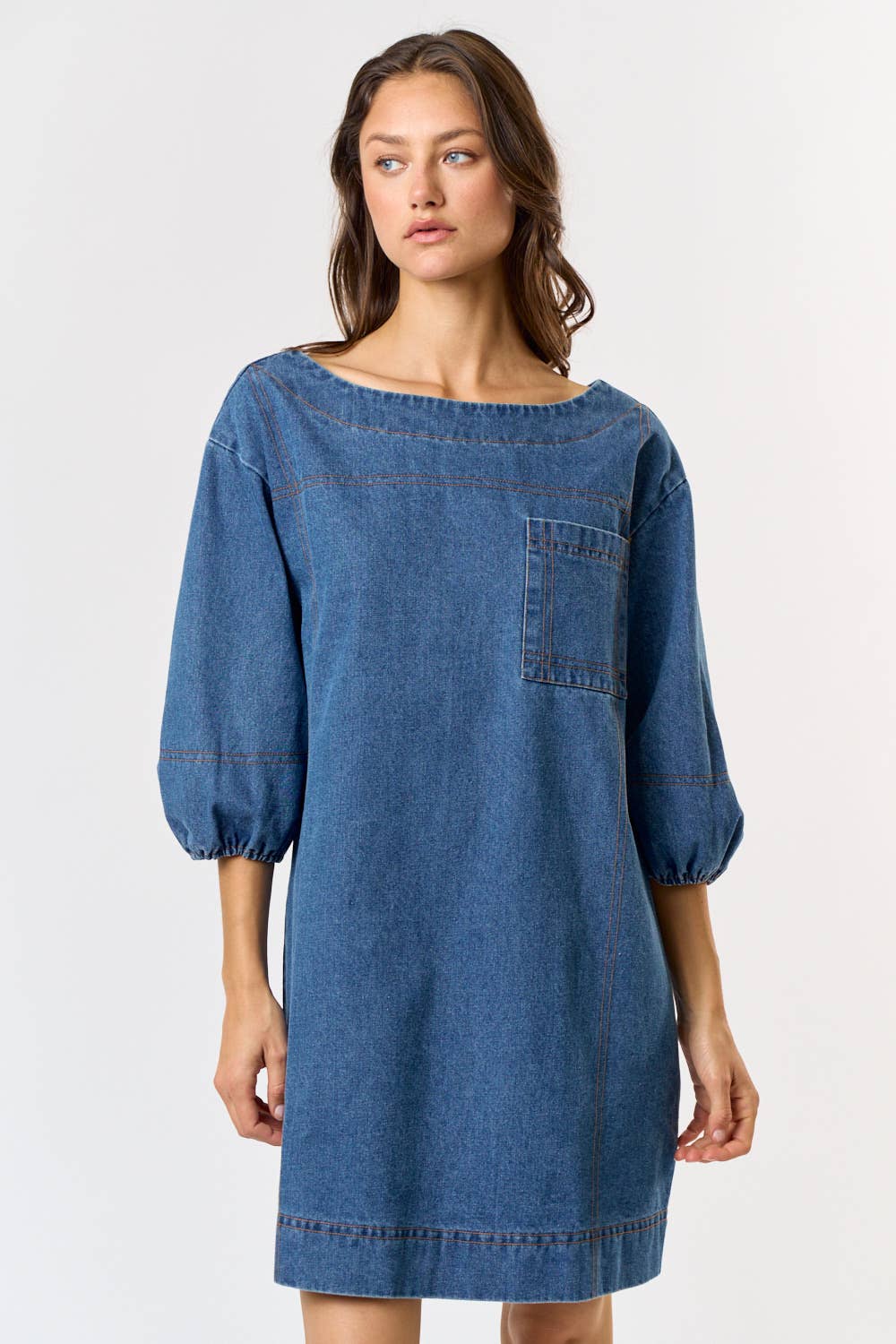 DENIM BOAT NECK HALF PUFF SLEEVE MINI DRESS Hidden Harlo DENIM BOAT NECK HALF PUFF SLEEVE MINI DRESS Hidden Harlo