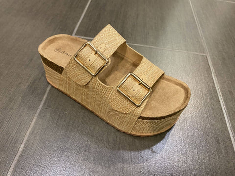 Bamboo Thick Cork Platform Double Buckle Strap Sandals: NATURAL