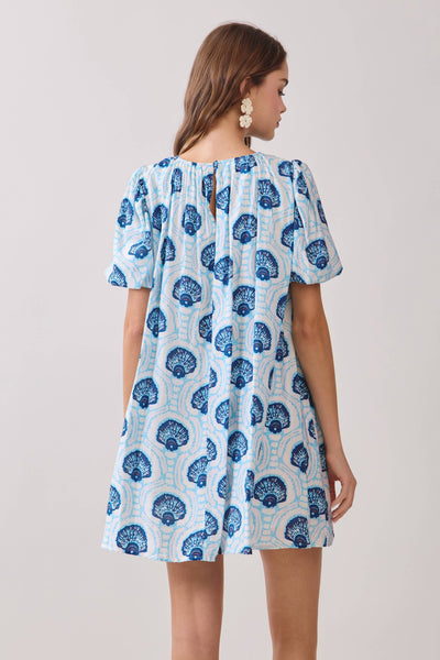 CD06808-Printed Relaxed Flowy Fit Puff Sleeves Dress: Blue / S