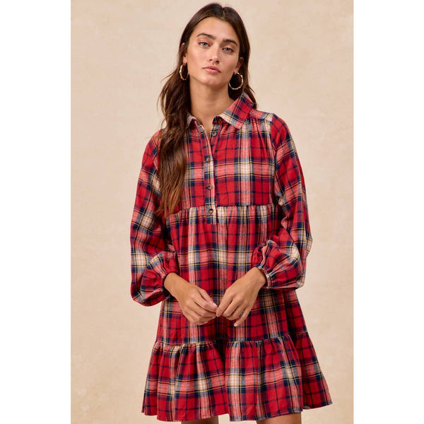 PLAID WOVEN SHRRING BUTTONED TIERED SHIRT DRESS: CAMEL MULTI / M