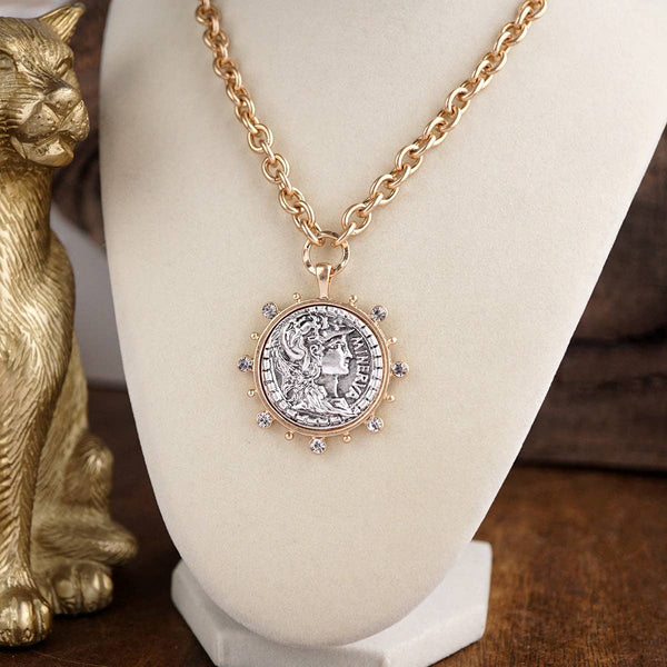 Radiant Relic – Coin Medallion Necklace with Crystal Halo: Gold Tone