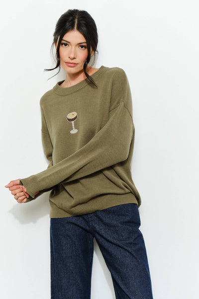 PERRI MARTINI BEADED SWEATER - Cozy, Oversized: Olive