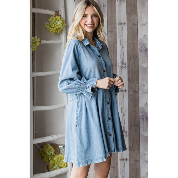 Overfit Button Down Denim Shirt Dress: Black