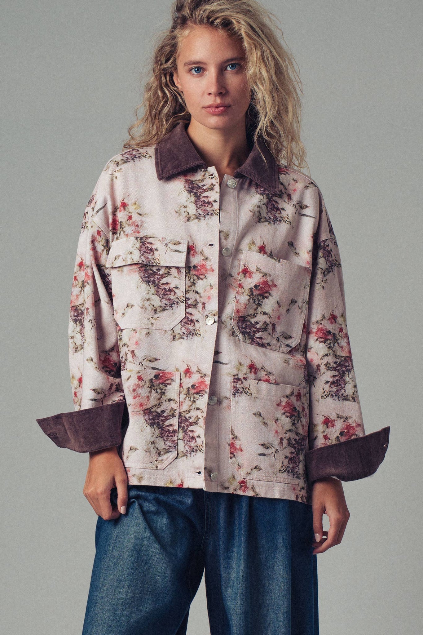 Watercolor Floral Oversized Cotton Utility Jacket: PINK/BROWN