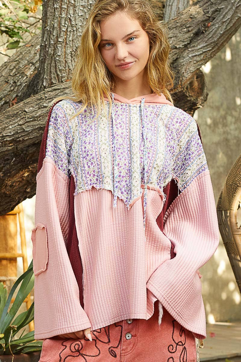 Floral print contrast long sleeve french terry top