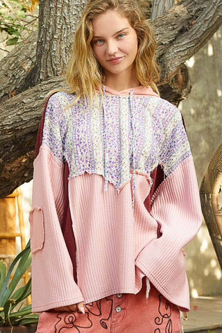 Floral print contrast long sleeve french terry top