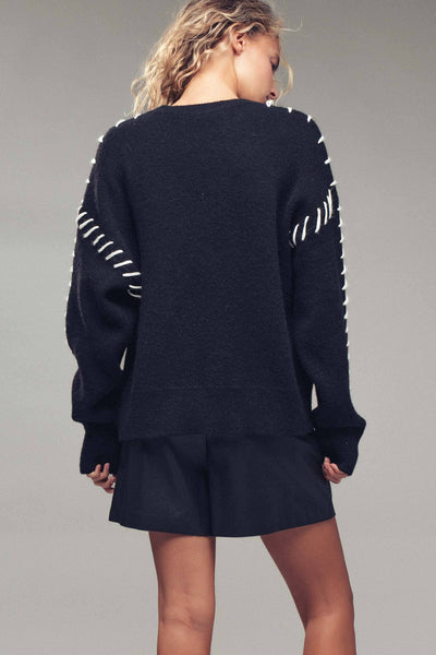 Contrast Whipstitch Detail Knit Sweater: Black