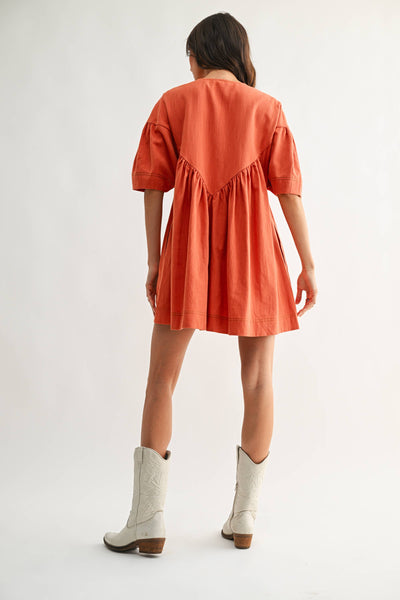 CJD26988 Embroidered Linen Tunic Dress: BURNT ORANGE / S-M-L (3-2-1)