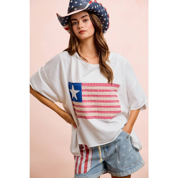 4TH OF JULY AMERICAN FLAG PATCHWORK SHORT TOP: OFF WHITE