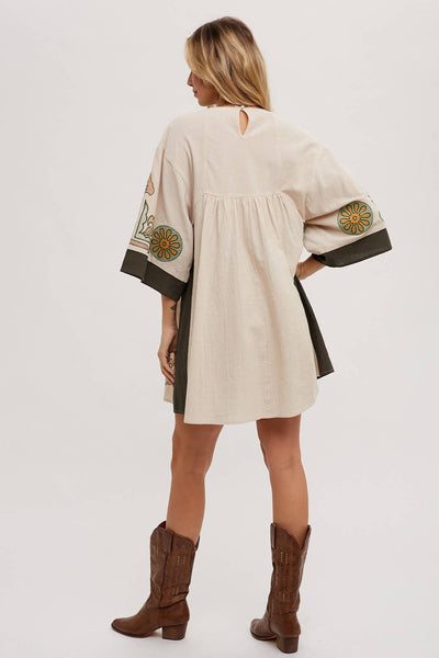 BOHO EMBROIDERED BABYDOLL DRESS: SAGE
