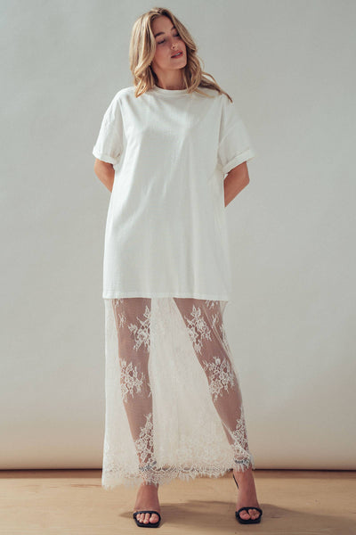 Mixed-Media T-Shirt Dress with Sheer Lace Skirt: White
