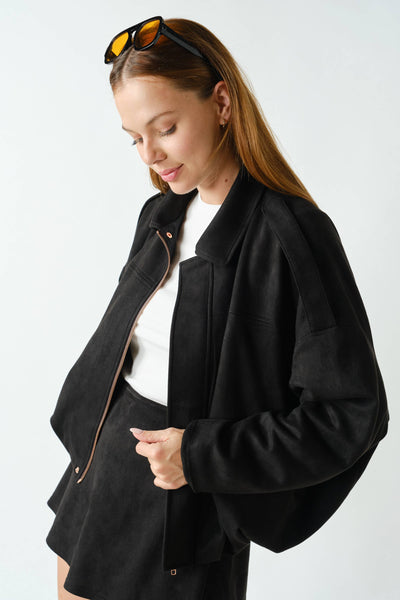 MOJAVE SUEDE-FINISH ZIP-FRONT JACKET: TRUFLE