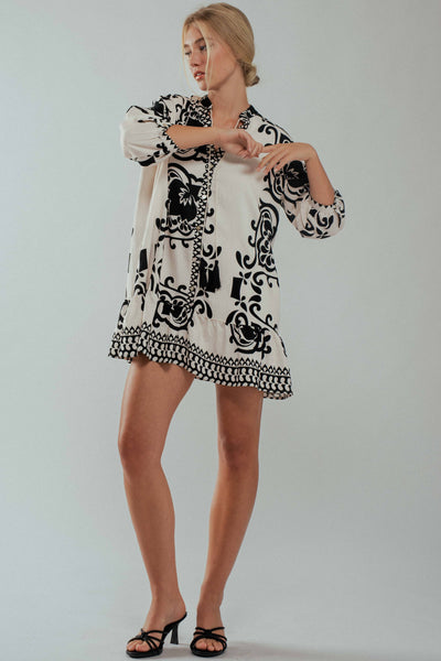 Floral Tassel Tie Tiered Dress: IVORY BLACK