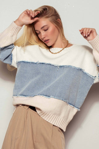 Colorblock Denim Patchwork Casual Top: Ivory