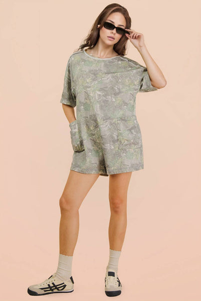 Camo Print Knit Casual Romper: OLIVE MIX