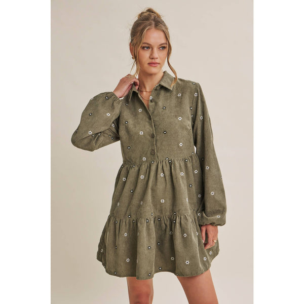 MEADOW MARKET ARTISAN DAISY EMBROIDERED CORDUROY MINI DRESS: OLIVE